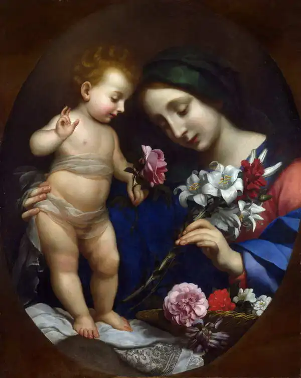 Dolci, Carlo: Panna Maria a dítě s květinami