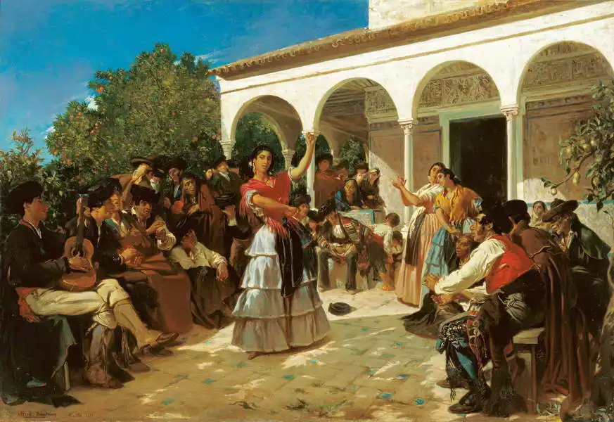 Dehodencq, Alfred: Cikánský tanec v zahradách Alcázar