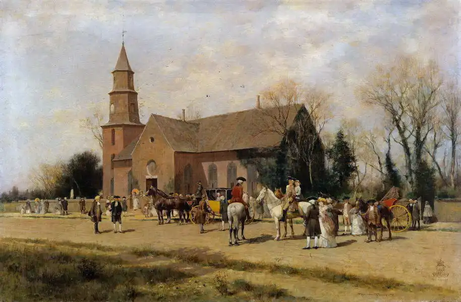 Thompson, Alfred W.: Starý kostel v Brutonu, Williamsburg, Virginie, v době Lorda Dunmore