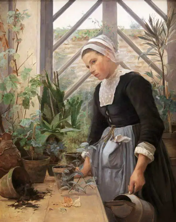 Petersen, Anna: Bretoňská dívka pečující o květiny ve skleníku