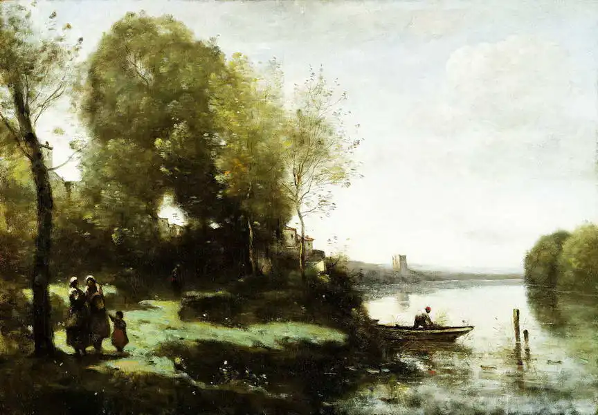 Corot, J. B. Camille: Řeka s věží v dálce