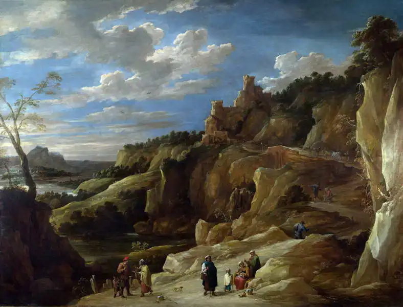 Teniers, David (ml.): Cikánská vykladačka z ruky v kopcích