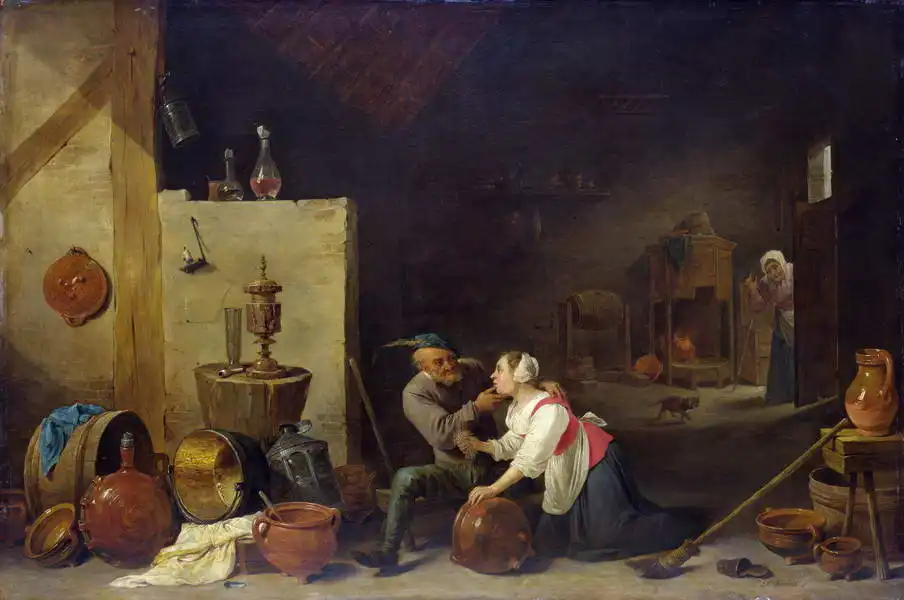Teniers, David (ml.): Starý rolník hladící děvečku v kuchyni