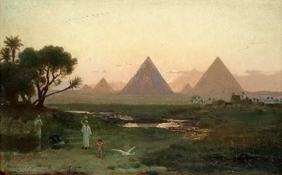 Rosen, Georg von: Pyramidy v Gíze ze břehu Nilu