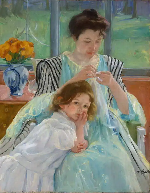 Cassatt, M. S.: Mladá matka při šití