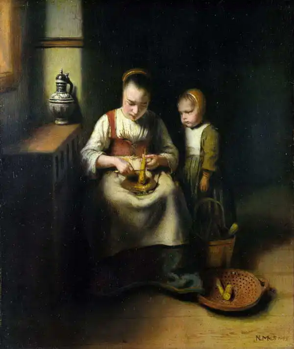 Maes, Nicolaes: Žena škrábající pastinák, s dítětem