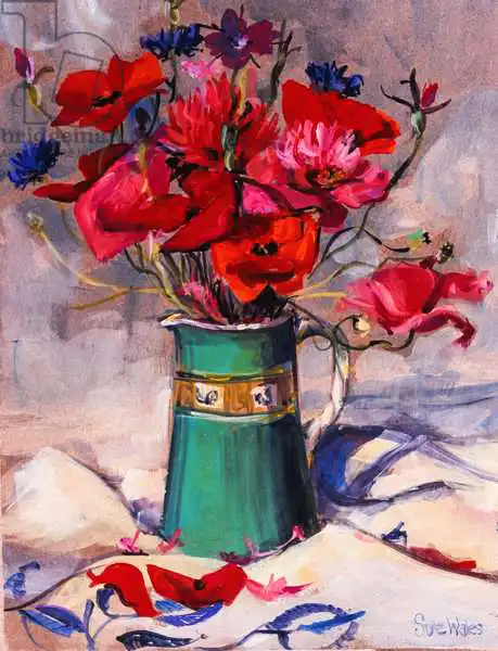 Wales, Su: Poppies and cornflowers in green jug, 1994