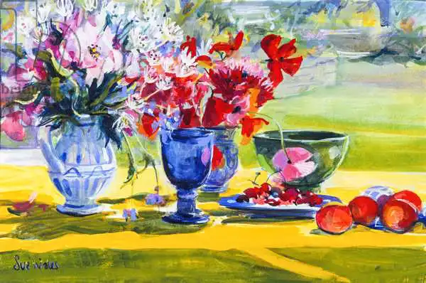 Wales, Su: Midsummer flowers on garden table