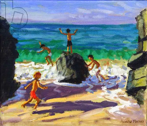 Macara, Andre: Climbing rocks,Porthmeor beach,St Ives