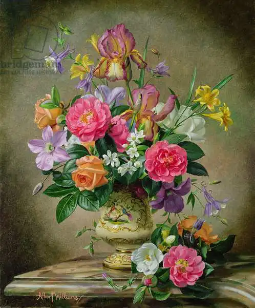 Williams, Albert: Peonies and irises in a ceramic vase