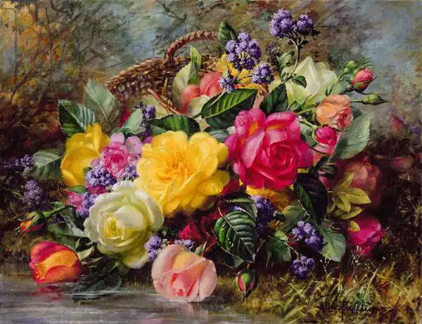 Williams, Albert: Roses by a Pond on a Grassy Bank