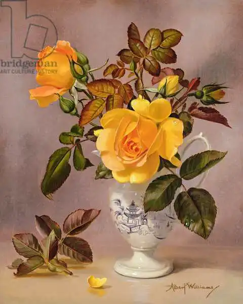 Williams, Albert: Orange Roses in a blue and white jug