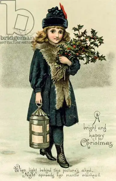 Anglická škola (20. století): Young girl with Holly and Lantern, postcard