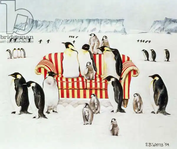 Watts, E.B.: Penguins on a red and white sofa