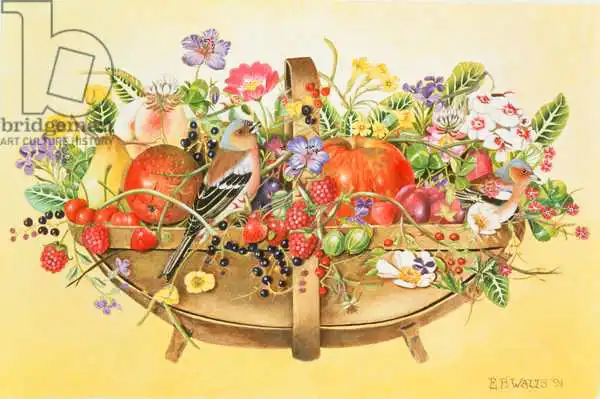 Watts, E.B.: Trug with Fruit, Flowers and Chaffinches