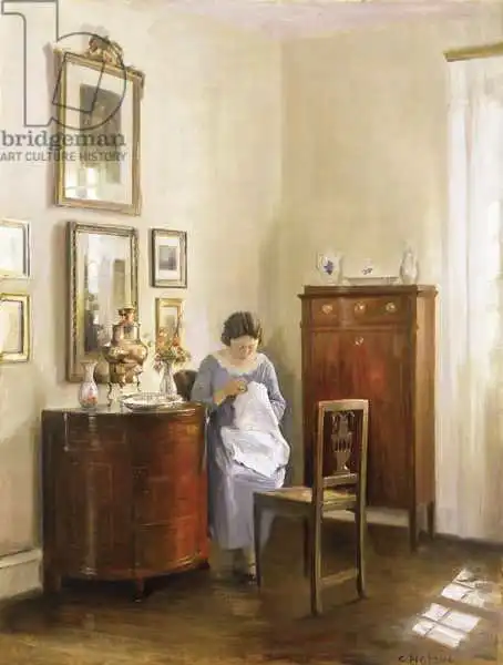 Holsöe, Carl: Interior with Lady Sewing