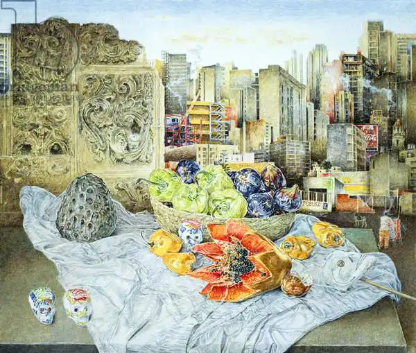 Reeve, James: Still Life with Papaya and Cityscape