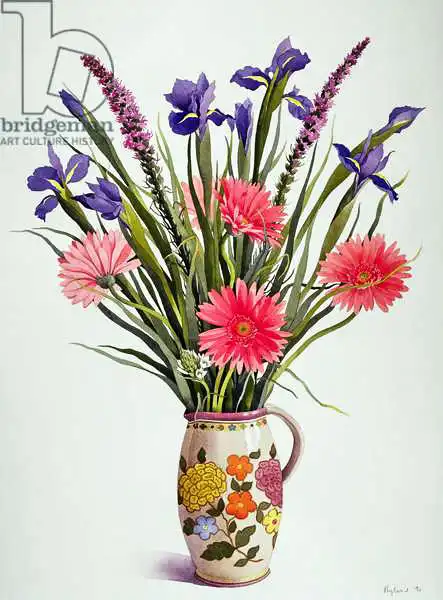 Ryland, Christophe: Irises and Gerbera in a Dutch Jug