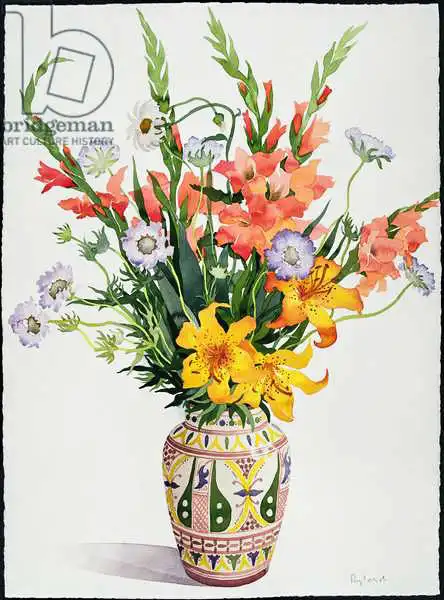 Ryland, Christophe: Orange and Blue Flowers in a Moroccan Vase