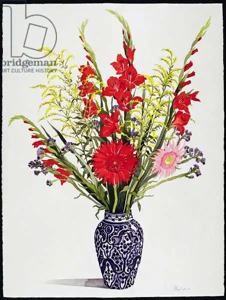 Ryland, Christophe: Tiger Lilies, Gladioli and Scabious in a Blue Moroccan Vase