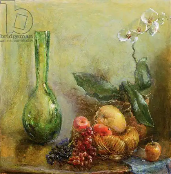 Schulman, Gail: Orquídea con cesta de fruta y jarrón verde