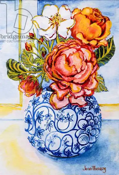 Thewsey, Joa: Rosas Cottage, jarrón redondo azul y blanco 2004
