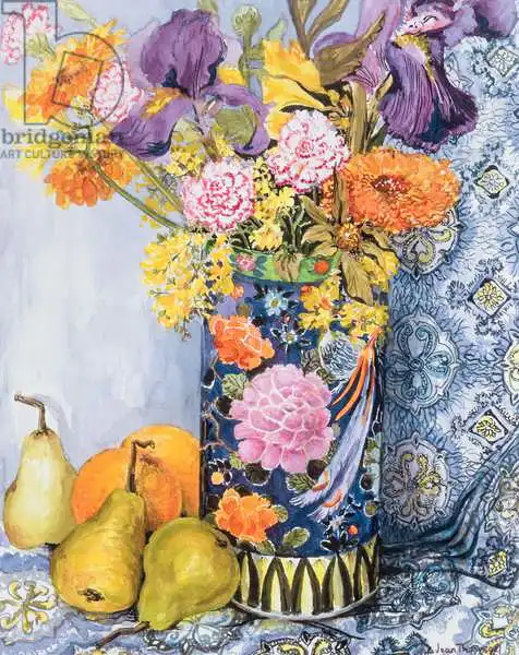 Thewsey, Joa: Iris and Pinks in a Japanese Vase with Pears