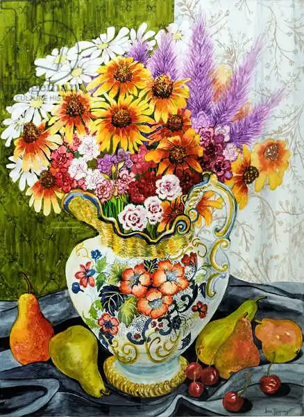 Thewsey, Joa: Jarra Victoriana con Flores Mixtas,Peras y Cerezas