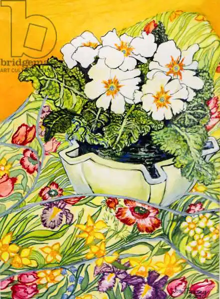 Thewsey, Joa: Pale Primrose in a Pot with Spring-flowered Textile,2000