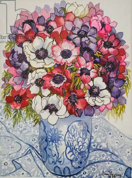 Thewsey, Joa: Anemoni in vaso blu e bianco, con tessuto blu e bianco