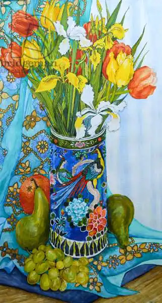 Thewsey, Joa: Tulipani e iris in un vaso giapponese, con frutta e tessuti, 2000