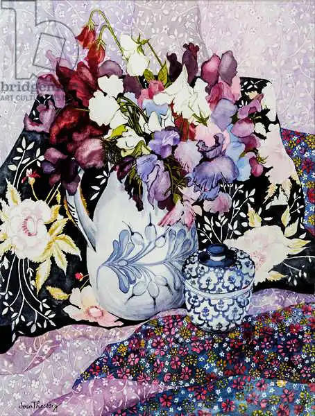 Thewsey, Joa: Sweet peas in a blue and white jug with blue and white pot and textiles