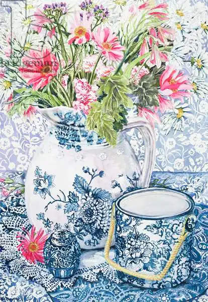 Thewsey, Joa: Gerberas in a Coalport Jug with Blue Pots