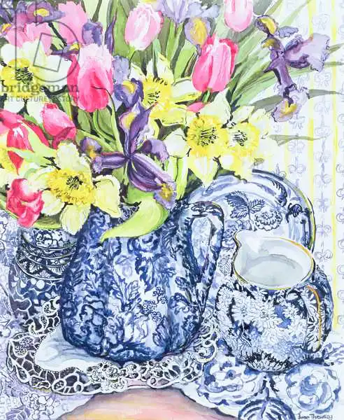 Thewsey, Joa: Daffodils, Tulips and Irises with Blue Antique Pots