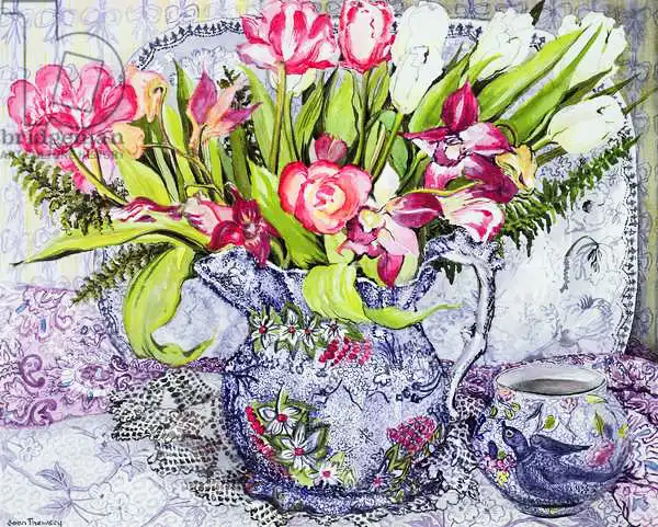 Thewsey, Joa: Pink and White Tulips, Orchids and Blue Antique China