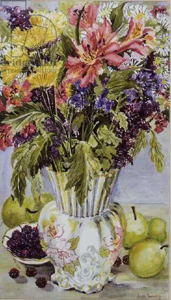 Thewsey, Joa: Blackberries and Apples with a Jug of Mixed Flowers