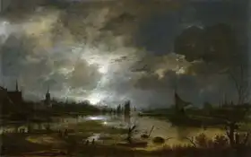 Neer, van der Aert: Řeka v blízkosti města, v měsíčním světle