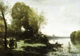 Corot, J. B. Camille: Řeka s věží v dálce