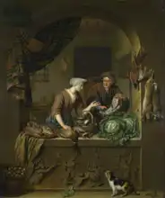 Mieris, Willem van: Žena a obchodník s rybami v kuchyni