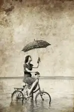 Neznámý: Dívka s deštníkem na kole