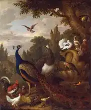 Bogdani or Bogdany, Jakob: Peacock, peahen, parrots, canary and other birds in a park