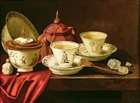 Roestraten, Pieter Gerritsz. van: Yixing Teapot and a Chinese Porcelain Tete-a-Tete on a Partly Draped Ledge