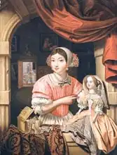 Colyer or Collier, Edwaert: Girl holding a doll in an interior with a maid sweeping behind