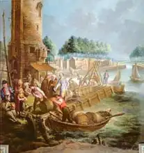 Garemyn, Jan-Anton: Canal scene with wine merchant unloading barrels