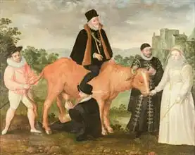 Moro, Philip: Portrait of Philip II (mounted) on a cow, the Duke of Alencon, the Duke of Alba, William of Orange and Queen Elizabeth I