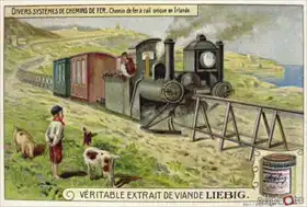 Neznámý: Monorail train in Eire, promotional advertising card for Veritable Extrait de Viande Liebig