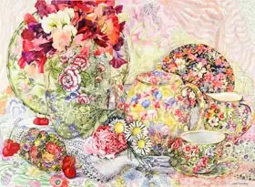 Thewsey, Joa: Sweet Peas with Flowered Antique China and Cherries