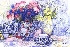 Thewsey, Joa: Cornflowers with Antique Jugs and Patterned Fabrics