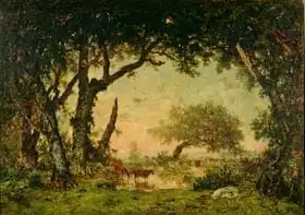 Rousseau, Theodore: Edge of the Forest at Fontainebleau, Setting Sun