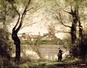 Corot, J. B. Camille: View of the Town and Cathedral of Mantes Through the Trees, Evening